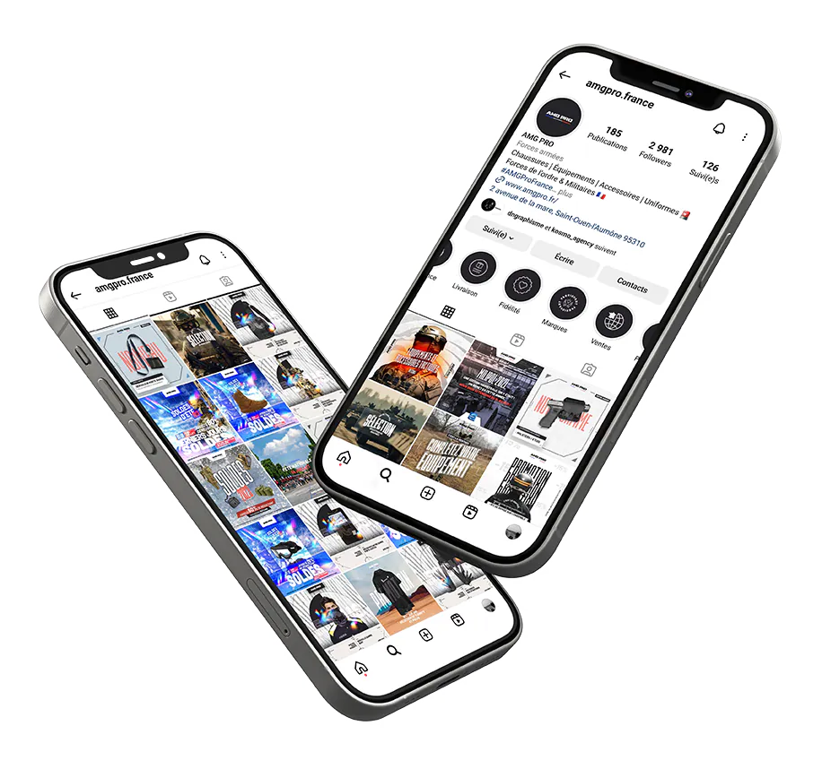 Deux smartphones affichant le compte Instagram d’AMG PRO
