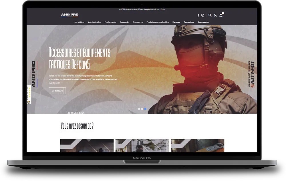 Site AMG PRO affiché sur un ordinateur portable : accessoires et équipements tactiques