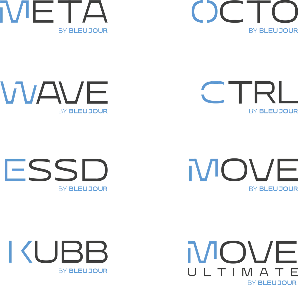 Logos produits by Bleujour : Meta, Octo, Wave, Ctrl, ESSD, Move, KUBB, Move Ultimate