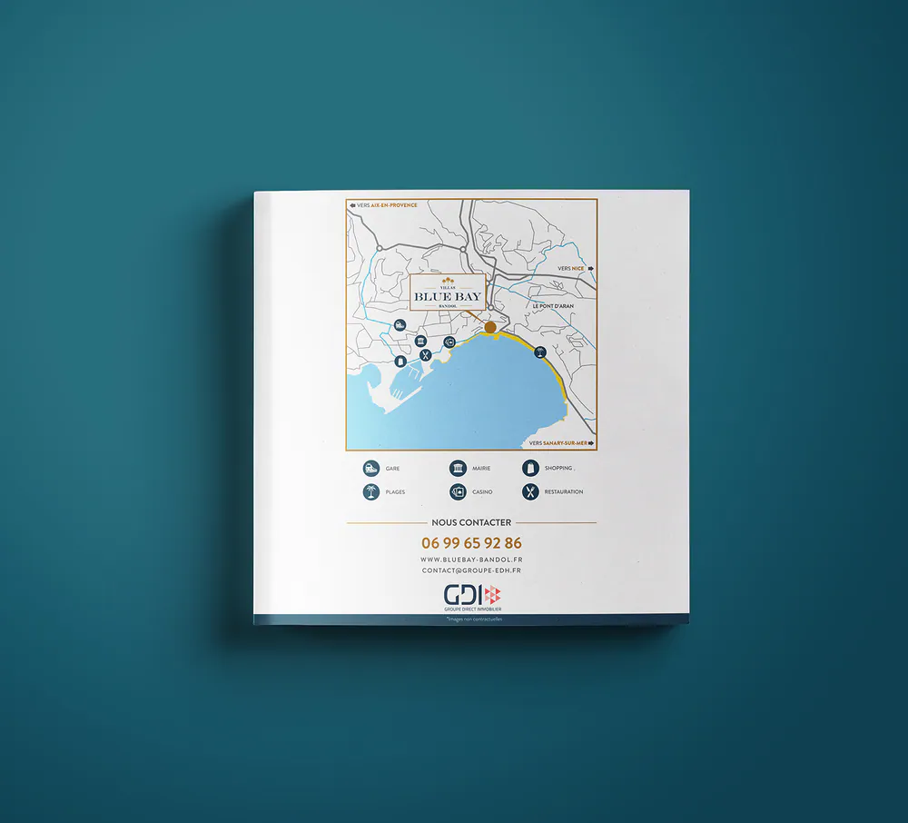 Quatrième de couverture de la plaquette Blue Bay avec plan d’accès