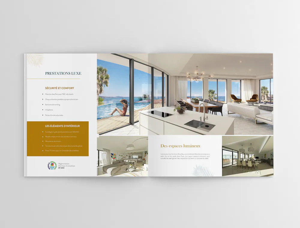 Double page de la plaquette Blue Bay : prestations luxe, sécurité et confort