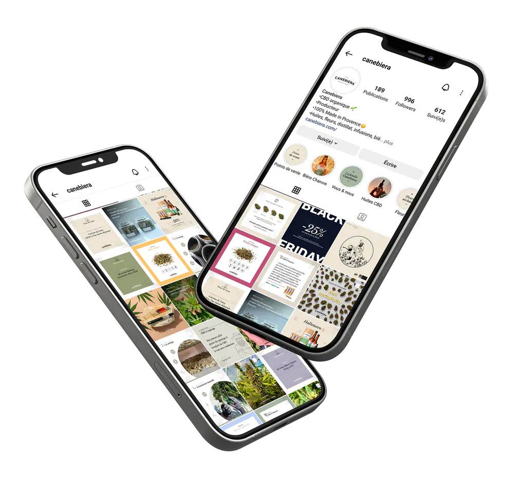 Deux smartphones affichant le compte Instagram de Canebiera