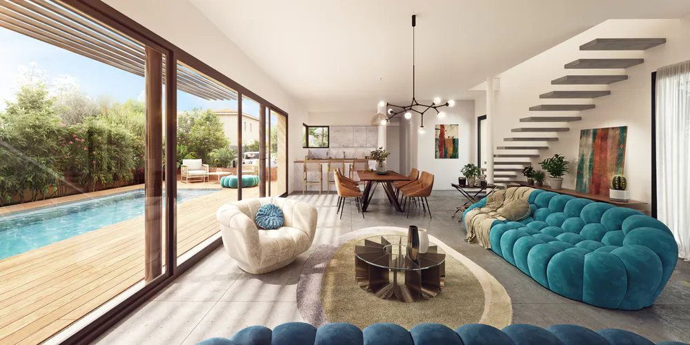 Intérieur d’une villa du programme Canto Cigalo ouvert sur la terrasse et la piscine
