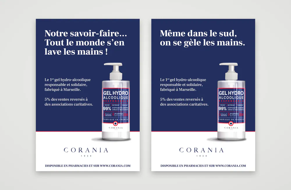Les deux affiches de la campagne Corania : « Notre savoir-faire... Tout le monde s’en lave les mains ! » et « Même dans le sud, on se gèle les mains. »