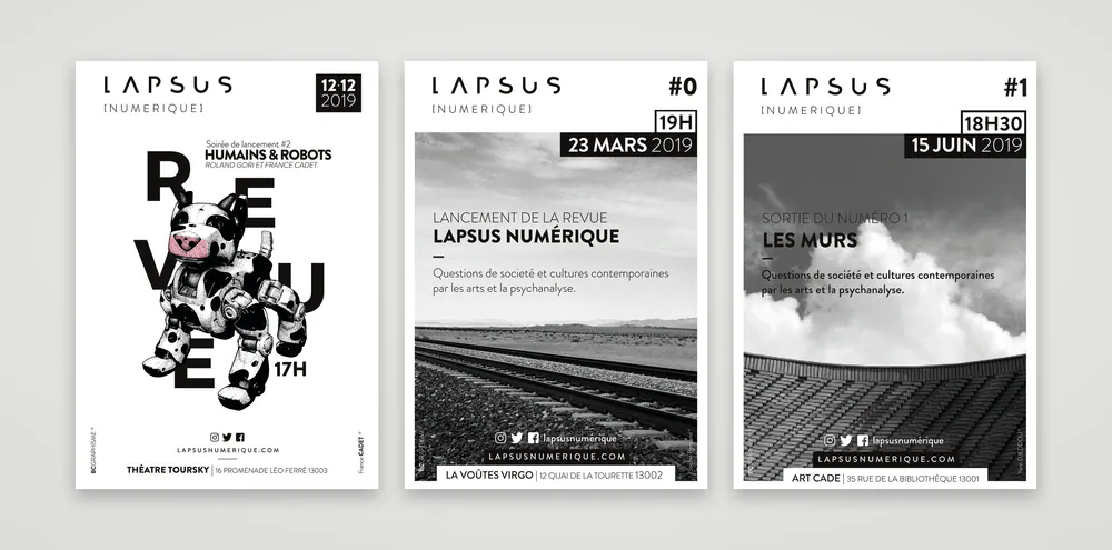 Trois affiches Lapsus Numérique en noir et blanc