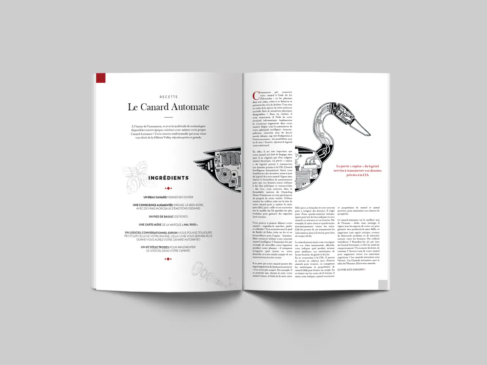 Double page de la revue Lapsus Numérique : recette du Canard Automate