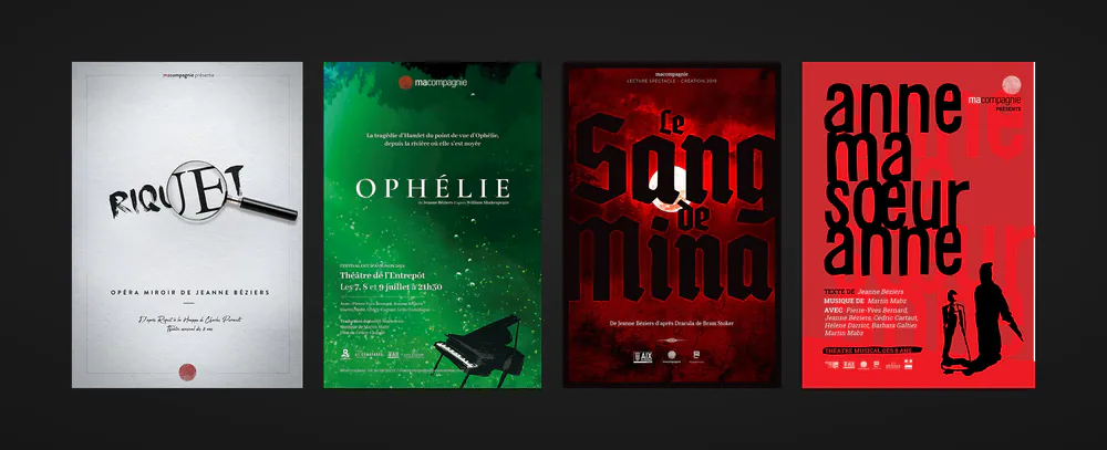 Les quatre affiches de Macompagnie : Riquet, Ophélie, Le Sang de Mina, Anne ma sœur Anne