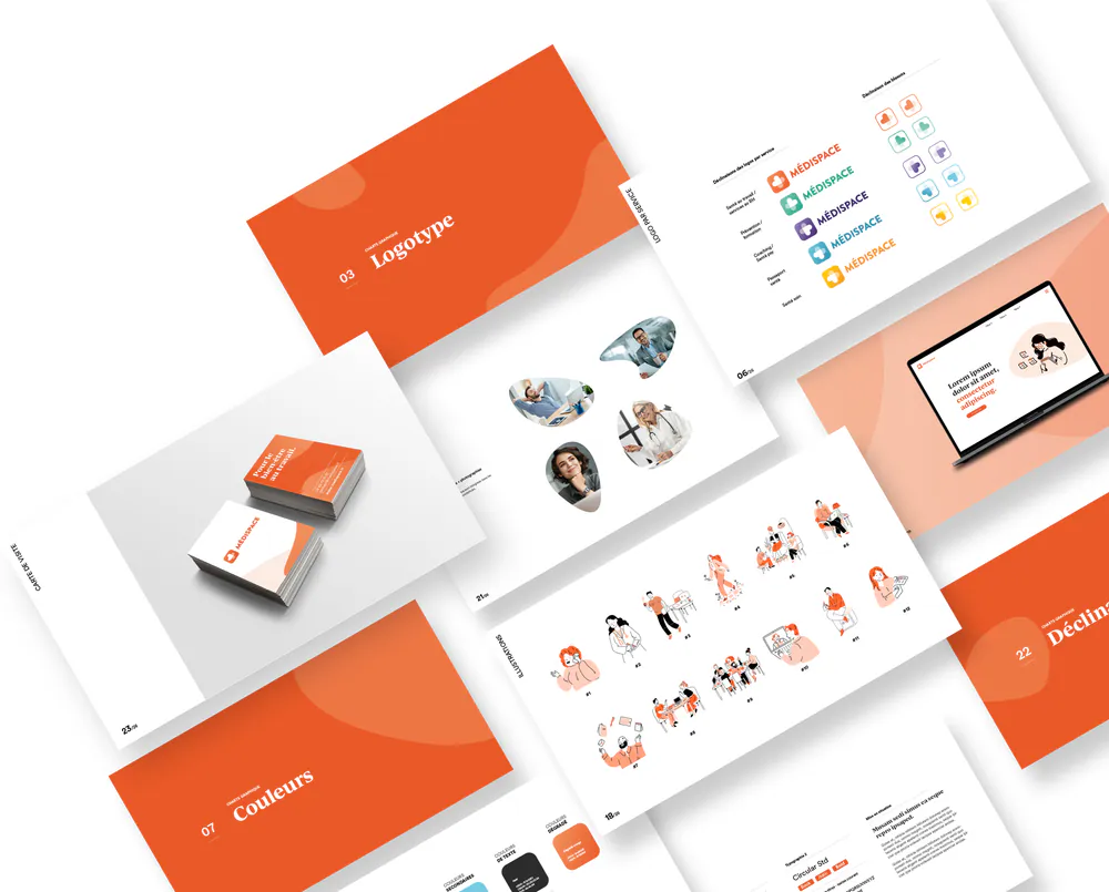 Pages de la charte graphique Médispace : logotype, couleurs, illustrations