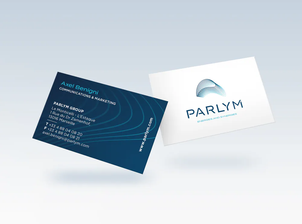 Cartes de visite Parlym, recto bleu marine et verso blanc avec le logotype
