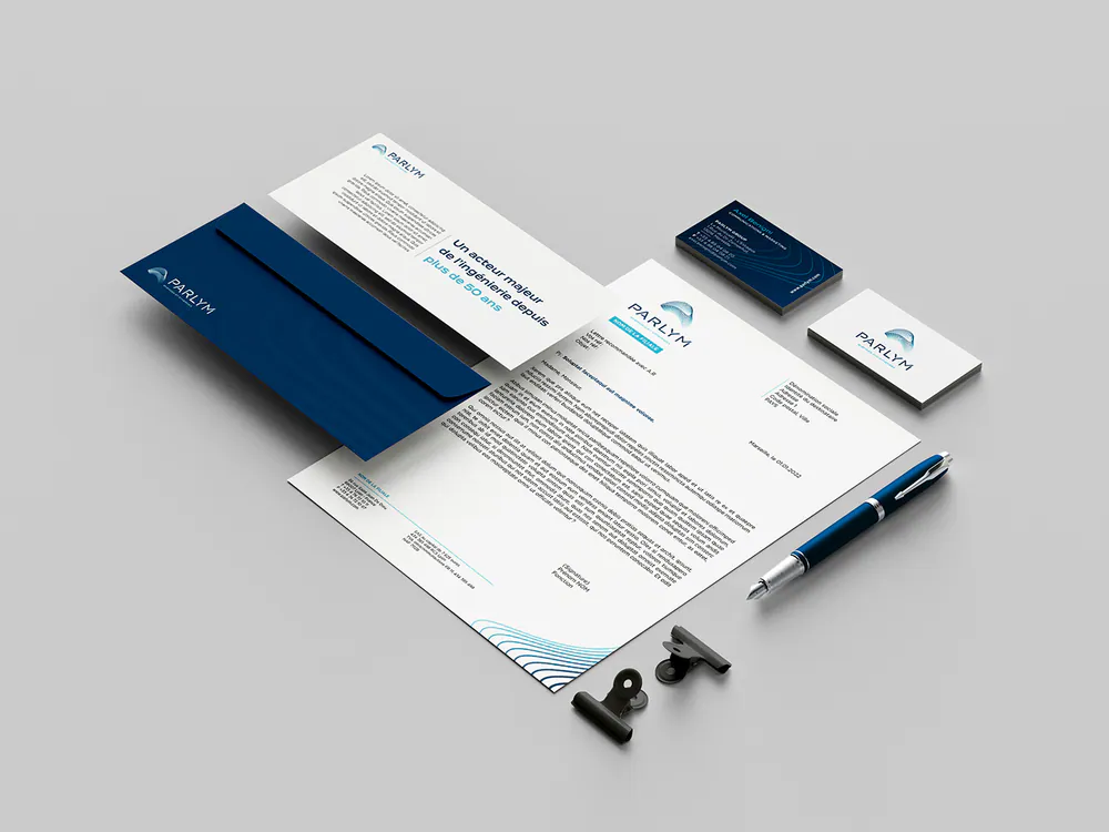 Papeterie Parlym : papier à en-tête, enveloppe, cartes de visite et stylo