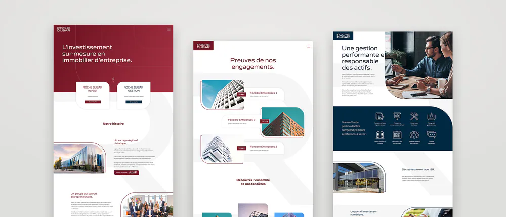 Trois pages du site Roche Dubar côte à côte : accueil, nos foncières, R&D Gestion