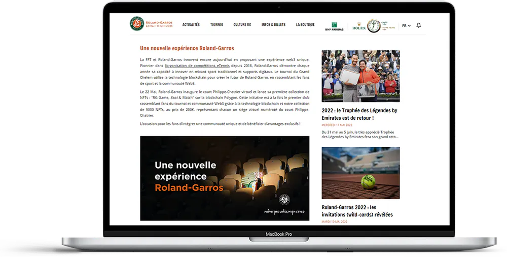 Page du site Roland-Garros affichant la bannière « Une nouvelle expérience Roland-Garros »