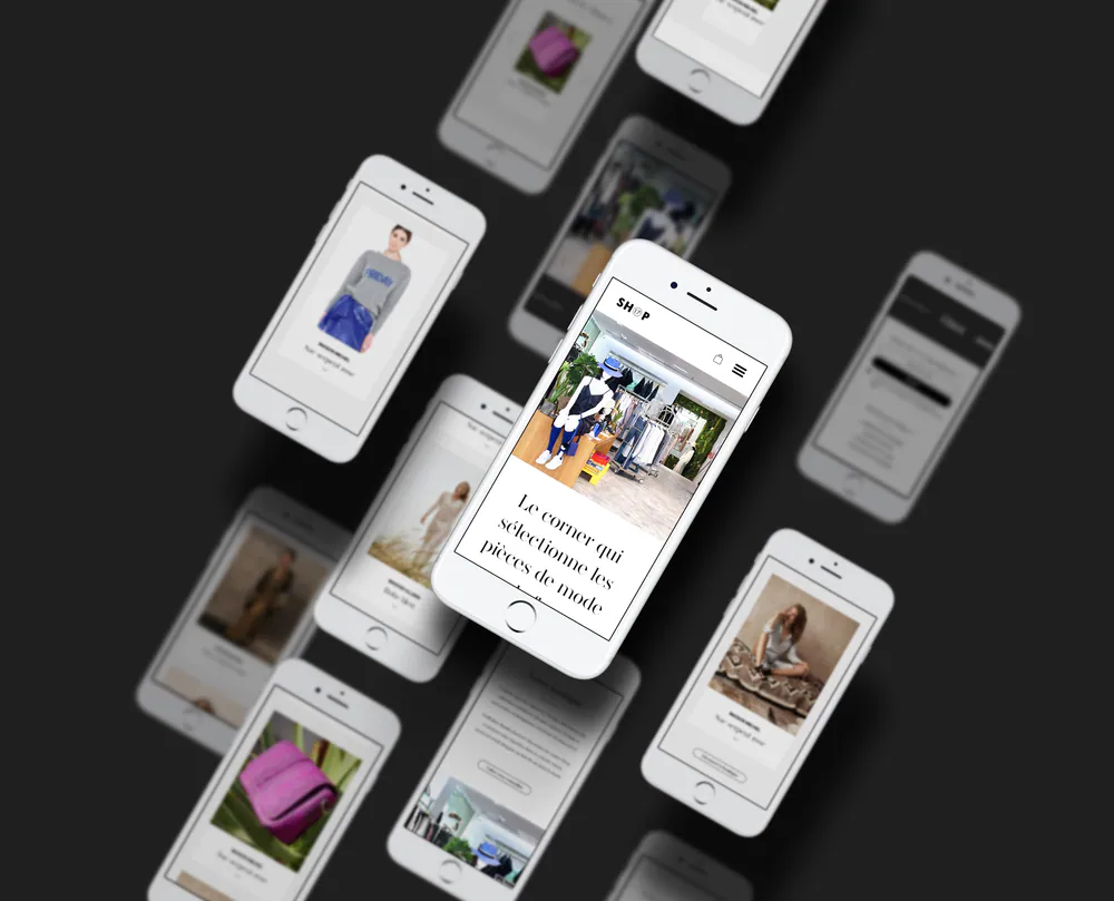 Écrans mobiles du site Shop 17 disposés sur fond noir