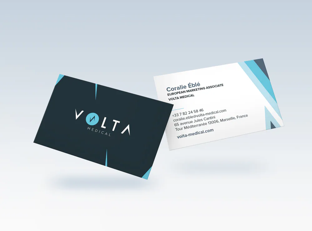 Cartes de visite Volta Medical, recto sombre et verso blanc