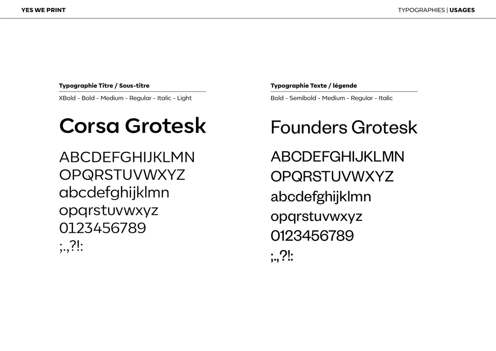 Page typographies de la charte : Corsa Grotesk et Founders Grotesk